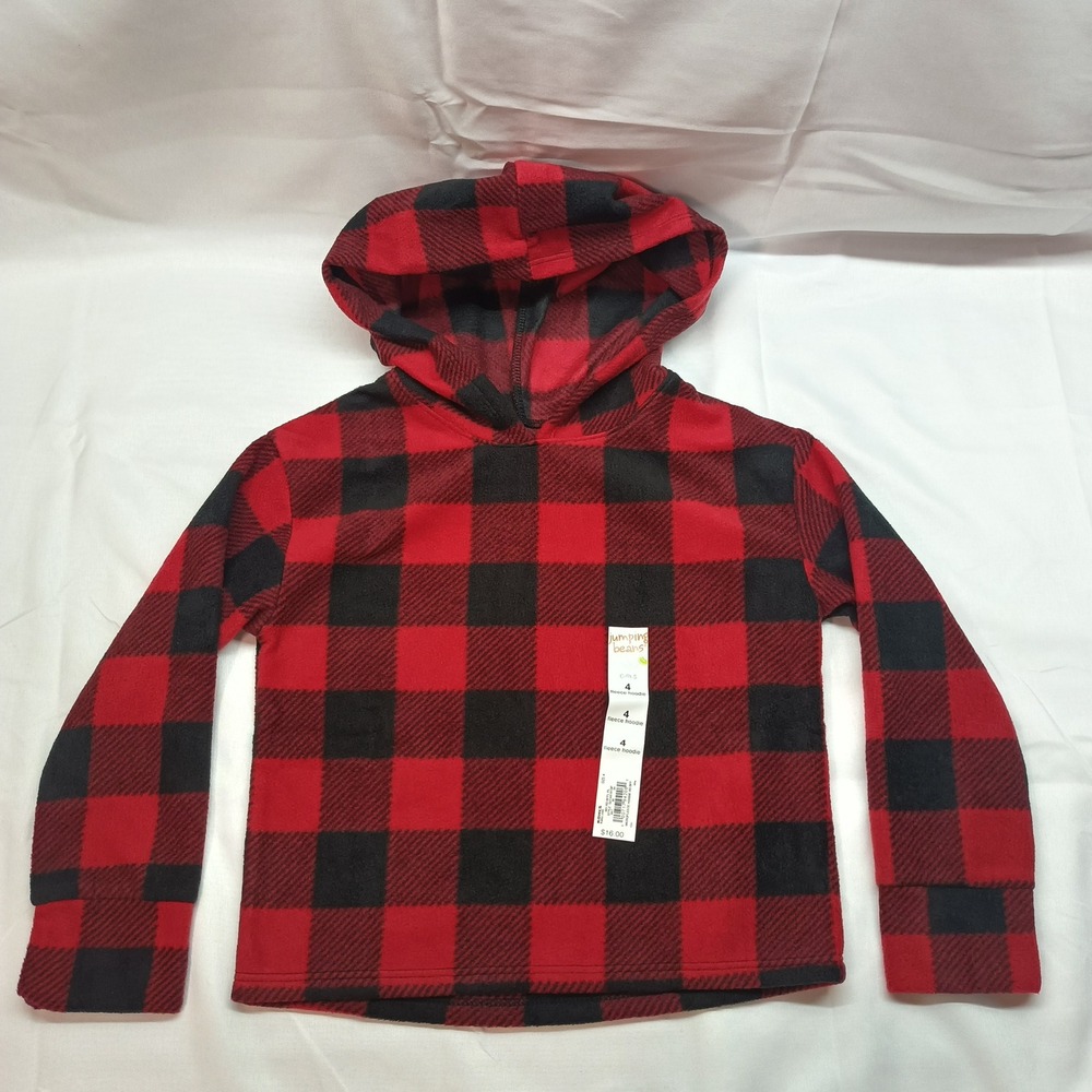 Jumping Beans Girls 4 Red Black Buffalo Plaid Fleece Hoodie Cozy Festive Casual